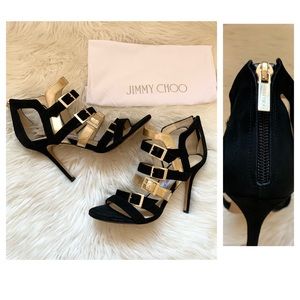 JIMMY CHOO Logo Bronx Strappy Suede Leather Heels